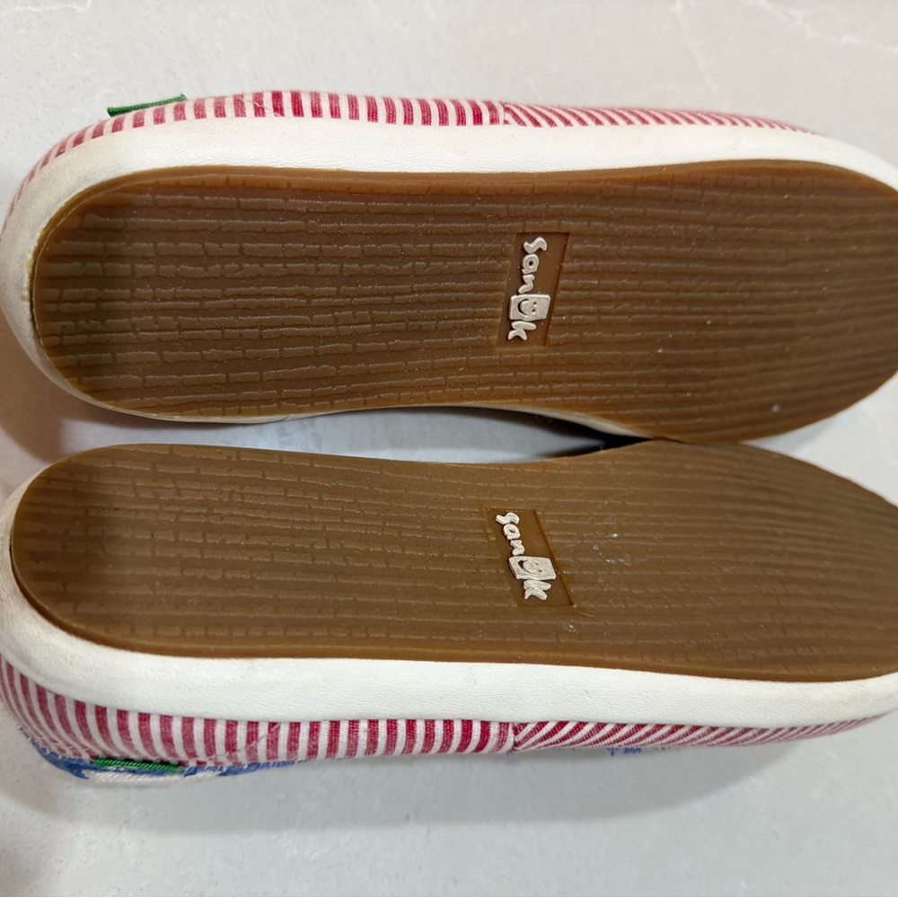 Sanuk Boat Shoes Canvas Striped Polka Dot Red Blue White, 8.5 - Picture 7 of 8